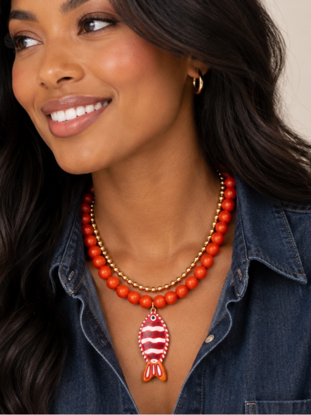 New! Orange Beaded Fish Gold Ball Chain Dopamine Necklace Stack Set NWOT 5061